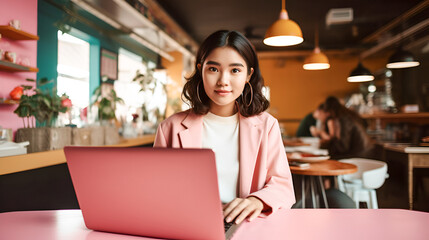 Fototapeta na wymiar .Portrait of a young Asian girl in pink clothes uses a laptop while sitting at a table in a cafe with copy space. Asian girl freelancer or student.looks into the camera and smiles.