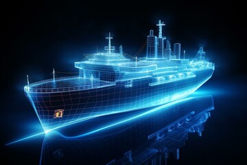 Futuristic ship blueprint hologram with glowing neon lights, symbolizing technology and security for premium product business finance travel transportation. Generative AI - obrazy, fototapety, plakaty
