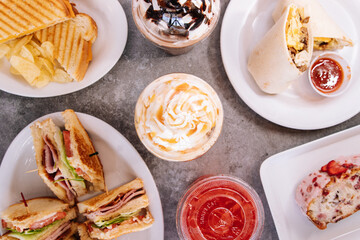 Breakfast food background with a whipped coffee