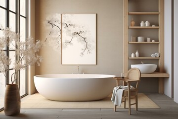 Fototapeta na wymiar Bathroom with Japanese and Scandinavian fusion, featuring white and beige tones. Includes a paper door, wooden freestanding bathtub, cotton flowers, parquet floor, wallpaper, tiles,. Generative AI