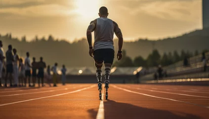 Tuinposter Disabled male runner on prosthetic leg disable man on sport race sport center stadium in sunset sport active background concept © VERTEX SPACE