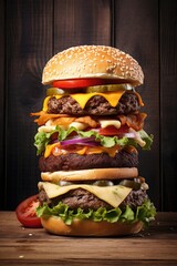 Tower of delicious burgers and cheeseburgers with lettuce, tomato, onion and sesame seed bun on wooden background