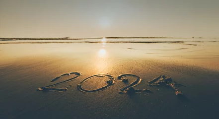 Foto op Plexiglas Happy New Year 2024 ocean sunrise on the beach shore concept © Urupong