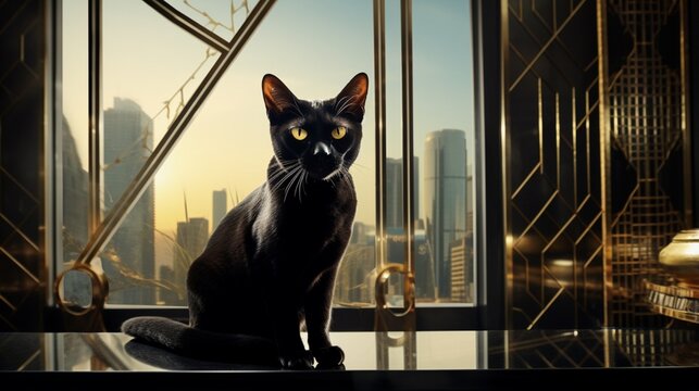 an elegant image of a Bombay cat in a luxurious, Art Deco-inspired penthouse