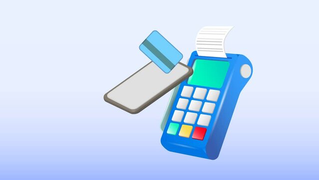 Payment terminal, a modern POS-bank payment device.
A payment device with an NFC keyboard. A credit card reader.
Animation of a contactless payment system.