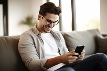 Obraz na płótnie Canvas smiling cheerful positive male wear glasses sit relax casual lifestyle using smartphone social media or surting internet on sunday morning on sofa in living room at home