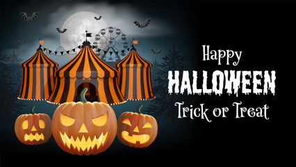 halloween background with pumpkins and circus with orange and black stripes © Angelica