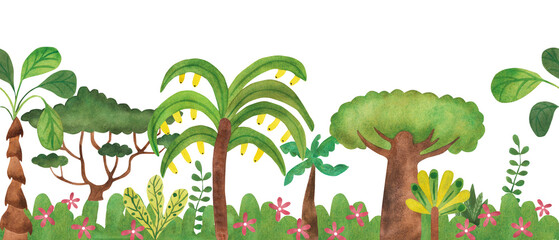 African trees and plants. Seamless border. Savannah. Watercolor illustration in cartoon style.