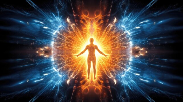 Exploring the Gateway to Another Universe. Radiant Human Figure Illustration Symbolizing Inner Energy and Astral Dimensions