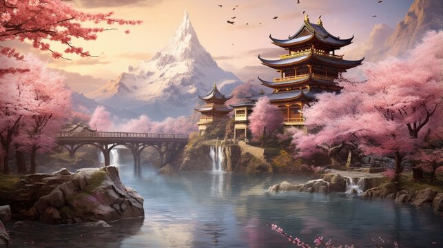 an elegant image of a valley with a serene temple nestled in a cherry blossom grove