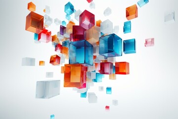 Assorted cubes emerging from a box against a white backdrop, representing collaboration, unity, and digital modules. Generative AI