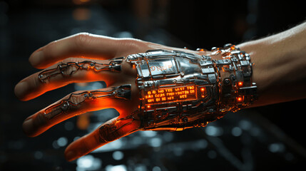 A metallic hand extends, presenting a unique, glowing data chip, evoking echoes of futuristic classics like "The Fifth Element" and "Ghost in the Shell," where technology and intrigue.Generative Ai.