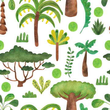 Jungle trees and plants. Seamless pattern. Savannah. Watercolor illustration in cartoon style.