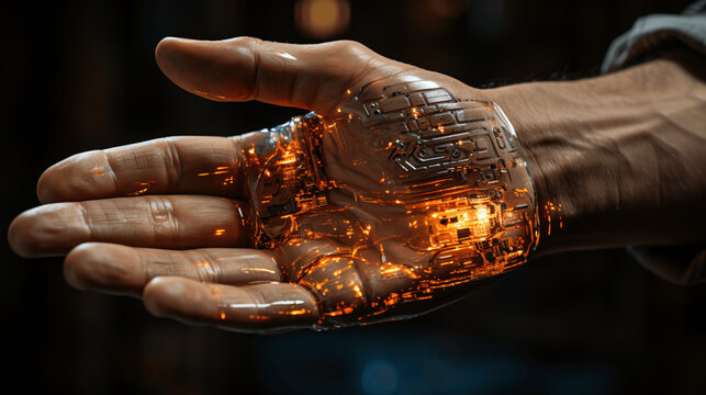 A metallic hand extends, presenting a unique, glowing data chip, evoking echoes of futuristic classics like "The Fifth Element" and "Ghost in the Shell," where technology and intrigue.Generative Ai.