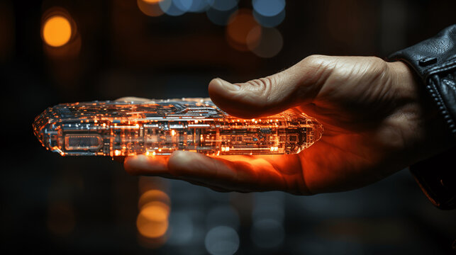 A metallic hand extends, presenting a unique, glowing data chip, evoking echoes of futuristic classics like "The Fifth Element" and "Ghost in the Shell," where technology and intrigue.Generative Ai.