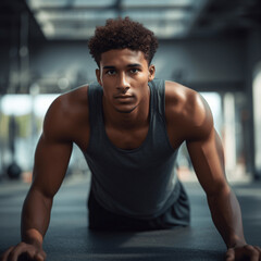 The young man, with a beautiful darker skin tone, pours his heart into his workout, sweat glistening his brow, his intense concentration blending with the sheer joy he finds.Generative Ai illustration