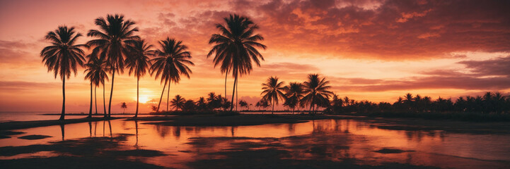 Fototapeta na wymiar Surreal sunset with black palms in front