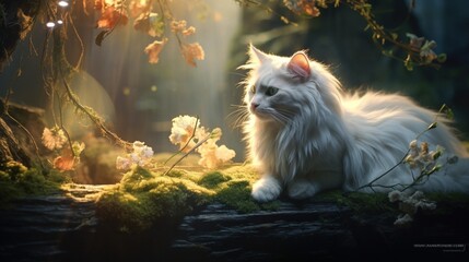 an ethereal and enchanting image of a Turkish Angora cat in a fairy tale forest