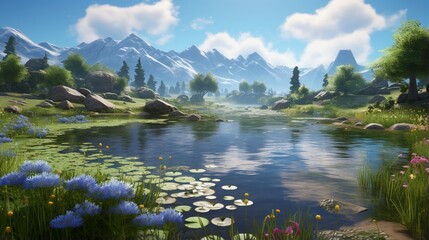 Fototapeta na wymiar an exquisite, AI-generated portrait of a valley with a tranquil pond and water lilies