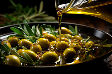 Close up of fresh olives being pressed glistening oil background with empty space for text 