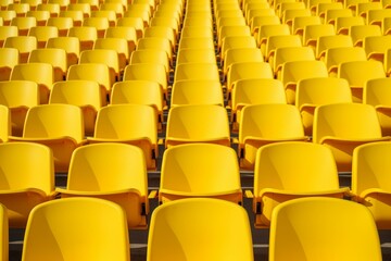 Seats on sport stadium, empty outdoor arena, chairs for audience. Yellow tribunes symbolize cultural environment, color and symmetry. Generative AI