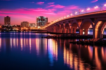 Fototapeta na wymiar Sarasota city glows at dusk with radiant bridge. Generative AI