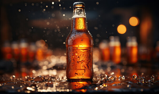 Glass bottle with a drink on a table on a blurred background.