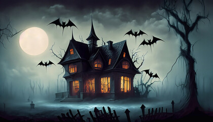 Fototapeta na wymiar halloween concept gloomy house, dark night, bats.