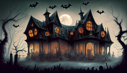 Fototapeta na wymiar halloween concept gloomy house, dark night, bats.