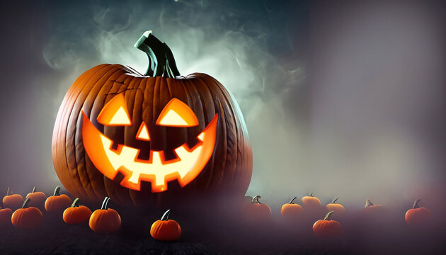 halloween concept pumpkin in the fog, gloomy and strange, billboard
