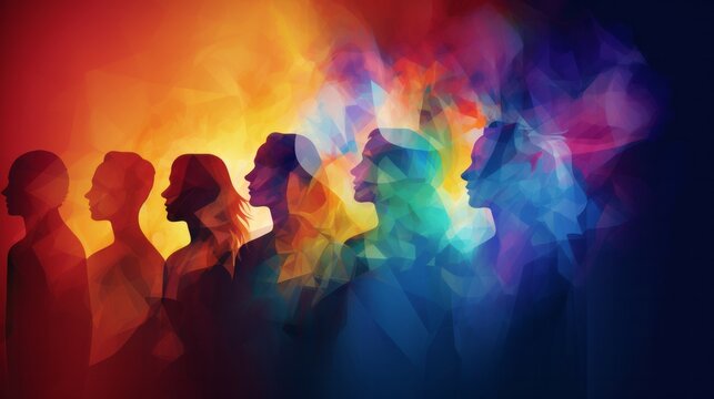 Illustration of a colourful group of people standing together, Gender diversity concept art - created with Generative AI technology