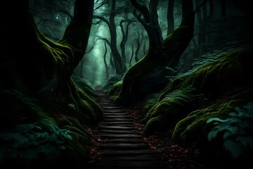dark forest in the night 4k HD quality photo. 