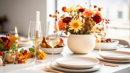 Modern holiday table setting white plate elegant glasses vase with flowers on white table. Concept of autumn holidays
