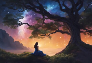   A woman sits under a tree, with her back turned to the viewer, lost in contemplation as she gazes into the night sky.
 - obrazy, fototapety, plakaty