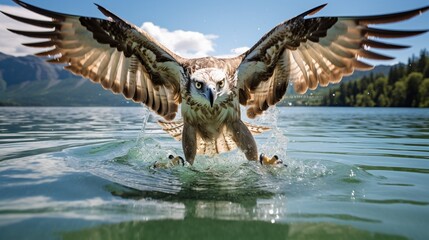 an image of an osprey diving into a crystal-clear lake