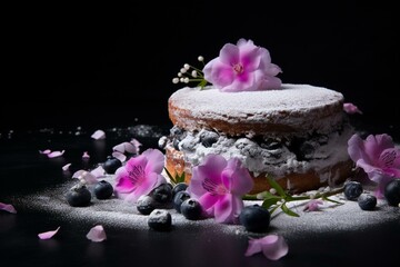 a cake with a flower and blueberries, powdered sugar on black background with a pink flower on top. Generative AI
