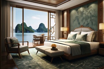 Illustration of a luxurious cruise suite room with a mesmerizing ocean view inspired by Lan Ha Bay, Quang Ninh, Vietnam. Generative AI - obrazy, fototapety, plakaty