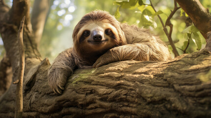 Obraz premium Sloth on a tree branch in the wild