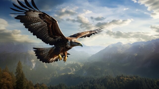 an image of a buzzard soaring high above a rolling landscape
