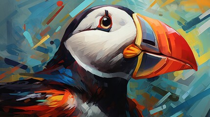Fototapeta premium an image of a comical-looking puffin with its beak full of colorful fish