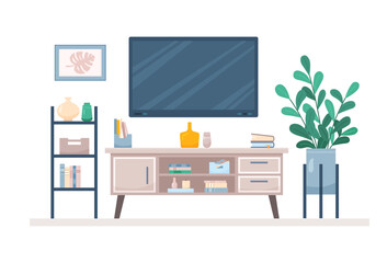 Flat living room concept with TV stand and home plants. Interior items of cozy modern midcentury design with books and vases. Vector cartoon illustration with television console and decor accessories