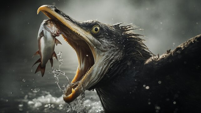 an image of a cormorant emerging from a dive with a fish in its beak
