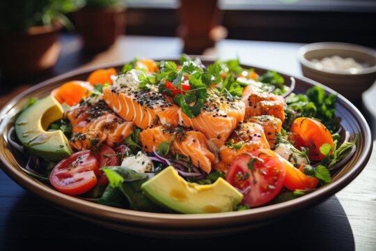 A close-up image of a delicious and healthy seafood salad salad with vegetables