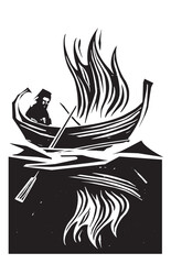 Woodcut Style Burning Boat
