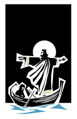 Woodcut Style Christ on the sea of galilee
