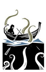 Woodcut Style Boat with sea monster