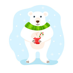 Flat cute polar bear with scarf and cup on snowy background. Vector cartoon illustration with red mug of hot coffee, cocoa or chocolate. Image of winter bear character with smile for poster or banner