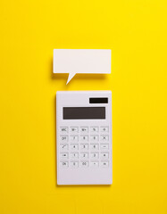 Calculator with speech bubble on yellow background