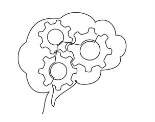 Human Brain with gears inside, drawn in one line on a white background. One-line drawing. Continuous line. Vector