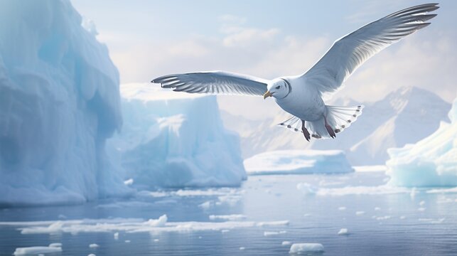 an image of a fulmar gliding over Arctic icebergs